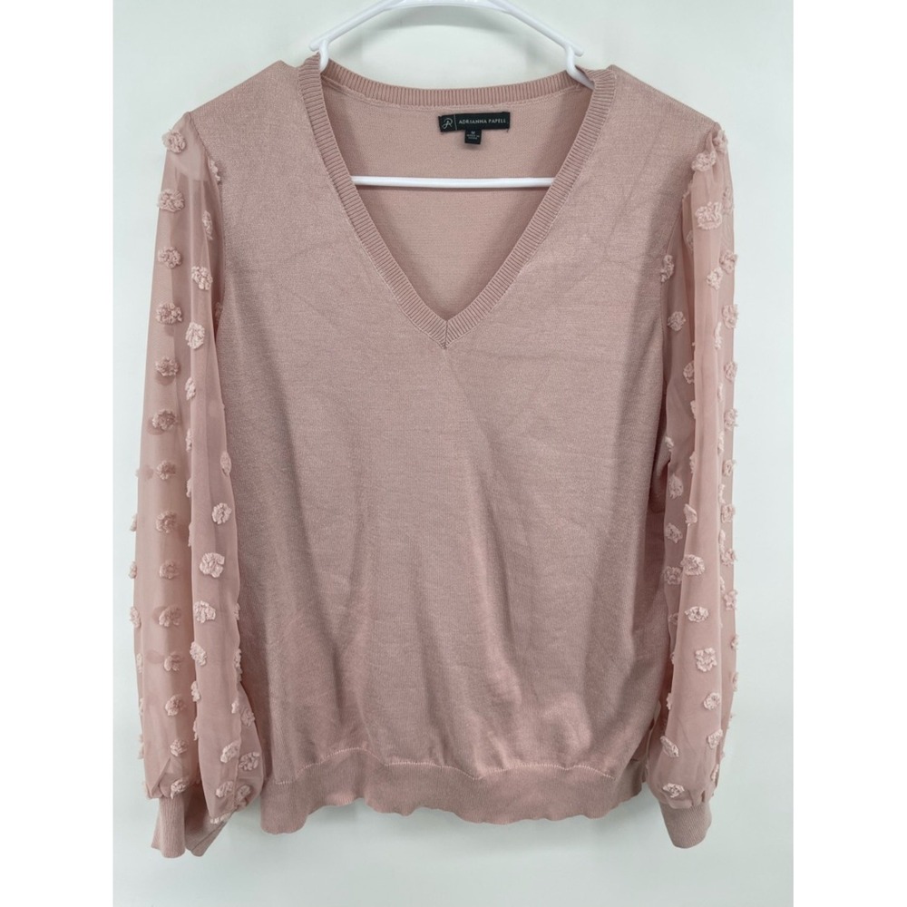 Adrianna Papell Womens Pink V-Neck Sweater Sheer Swiss Dot Balloon Sleeve M